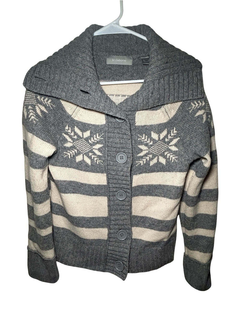 Liz Claiborne Gray and Cream Nordic Shawl-Collar Button Cardigan 100 % Lamb Wool